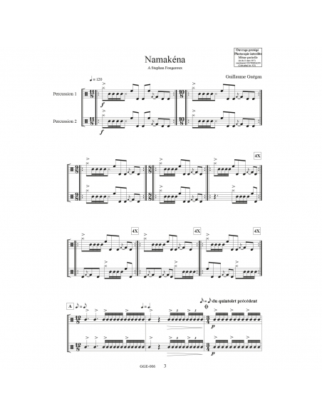 Namakena, by Guillaume Guégan. For two percussions.