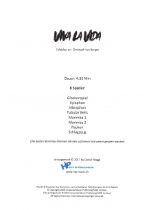 Viva La Vida, Coldplay, arr. Christoph Von Bergen, HIP Hits in Percussion. Score and separate parts. 2