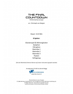 The final countdown - arr. Christoph Von Bergen - HITS IN PERCUSSION. Partition pour ensemble de percussions. 2