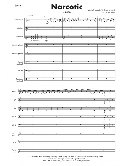Narcotic - Arr. Daniel Locher - HITS in PERCUSSION. Partition pour ensemble de percussions.