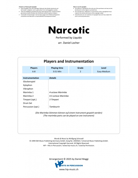 Narcotic - Arr. Daniel Locher - HITS in PERCUSSION. Partition pour ensemble de percussions.