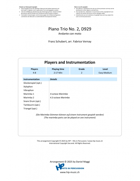 Piano Trio No. 2, D929 , de Franz Schubert - Arr. Fabrice Vernay - HITS in PERCUSSION
